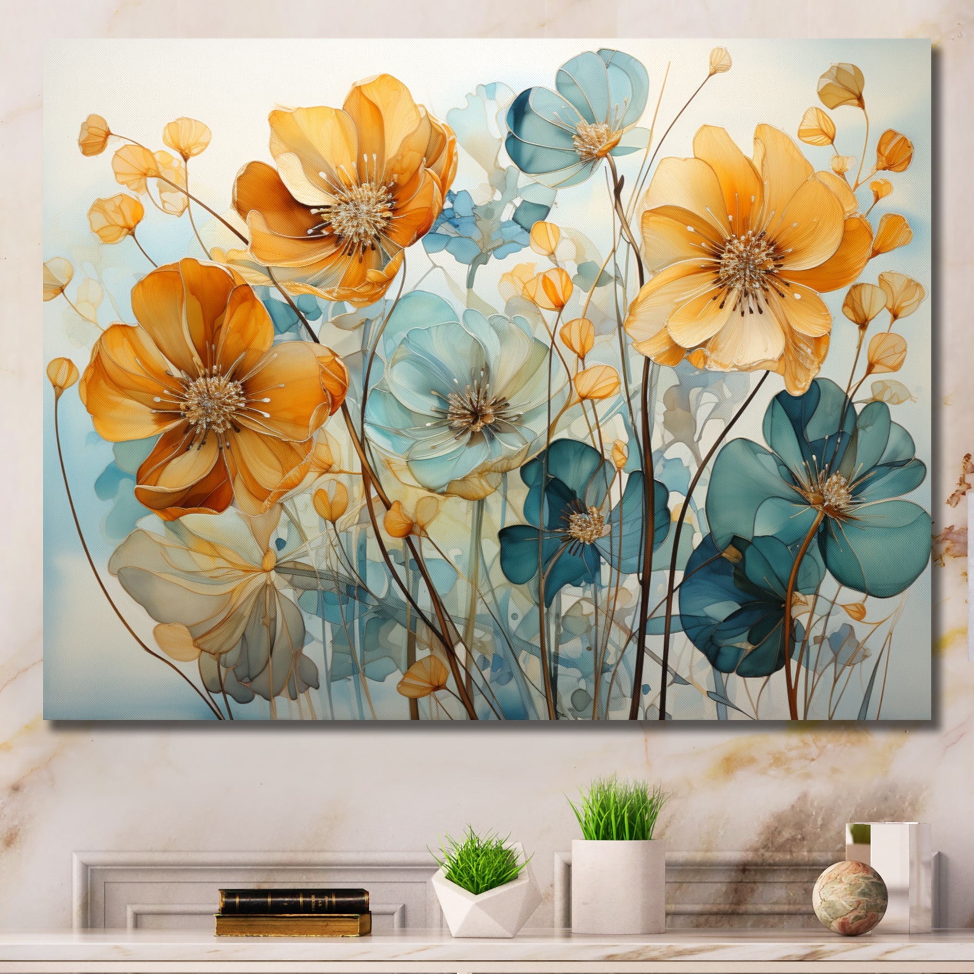 Designart "Gold And Blue Abstract Botanical" Botanicals Wall Art Bed